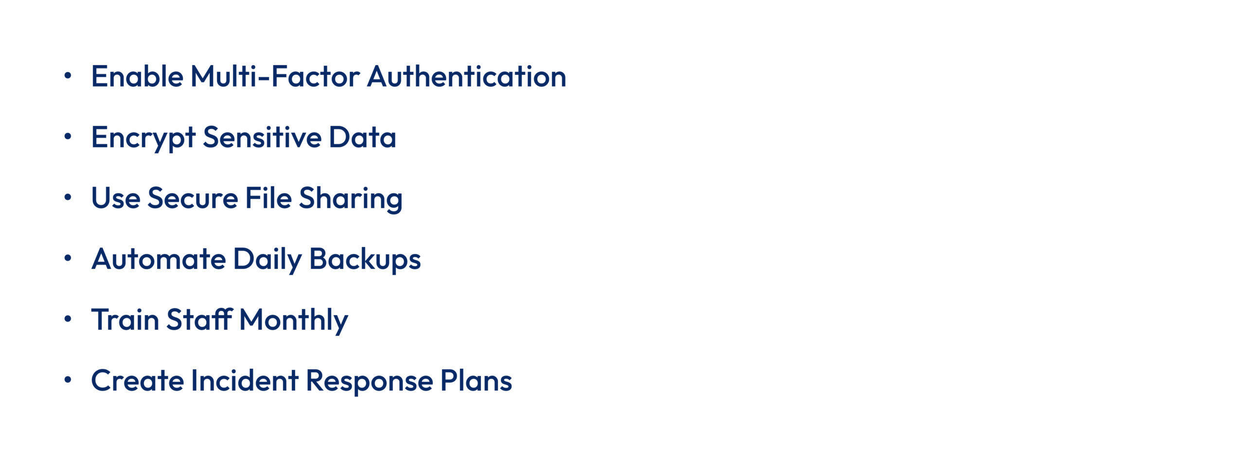 Key cybersecurity best practices for accounting and payroll systems, including multi-factor authentication, data encryption, secure file sharing, backups, and incident response planning.